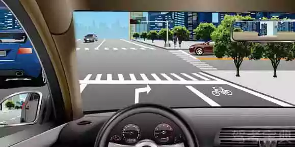 如图所示，驾驶机动车在这种情况下，可以直行也可以右转。