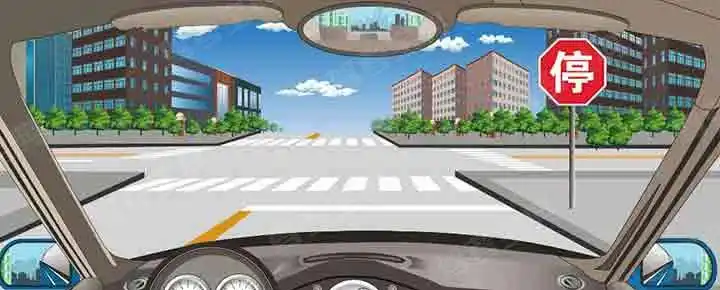 驶近一个图中所示的路口时，必须先停车再重新起步通过路口。